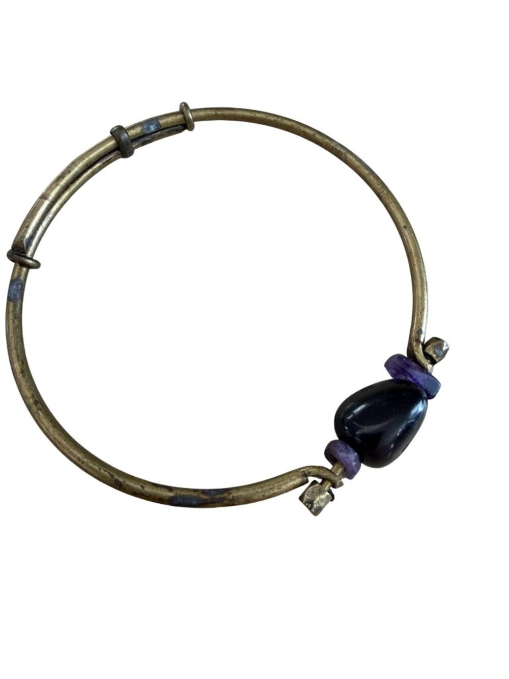Vintage Brass Bangle With Purple & Black Beads Adjustable Design Unique Artisan - Picture 2 of 6